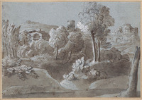 K VIII 019
<br/>
Landschap met struikgewas voor gebouwen
<br/>
<em>Grimaldi, Giovanni Francesco (1606-1680) - atelier van / kopie naar</em>